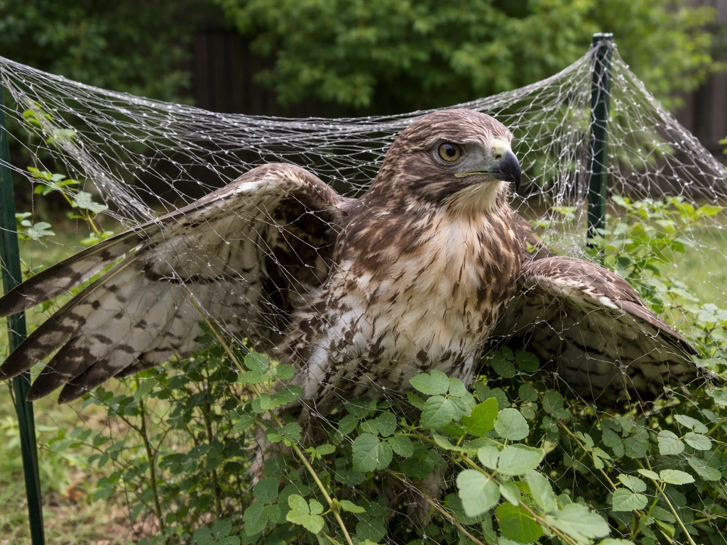 Large bird tangled in clear garden netting on a backyard shrub, with entanglement clearly visible.