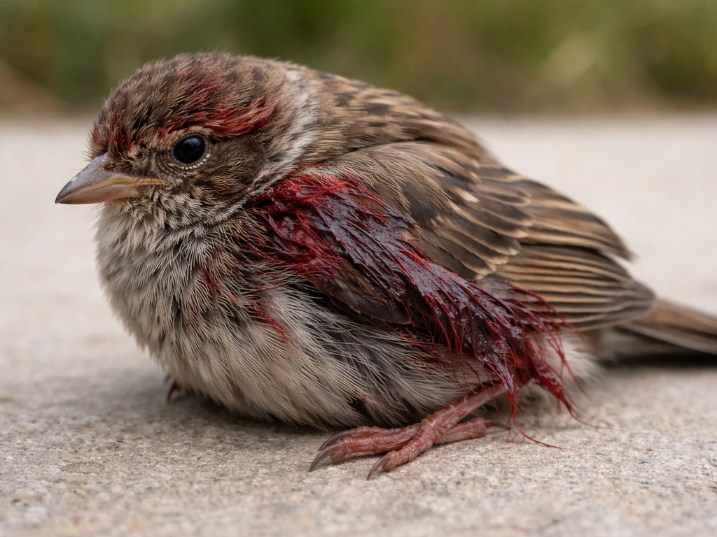 Close-up of a bird with dark, wet-stained feathers around the head and wing area