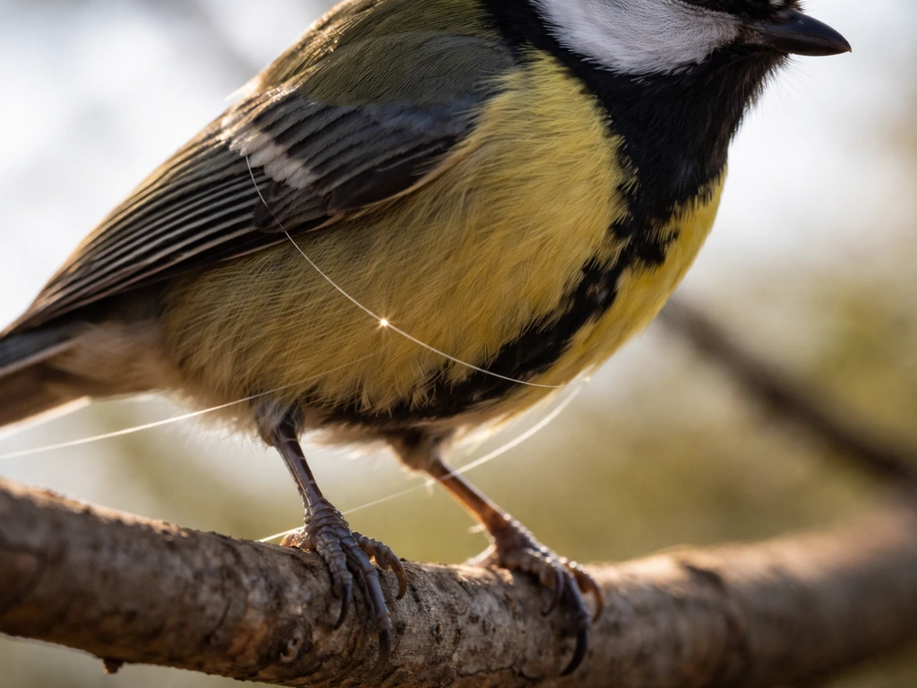 Bird on a branch with a thin cord near its legs and wing joint, highlighted by angle of view.