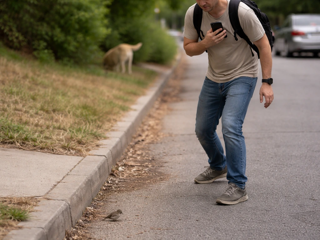 Person stepping back from hazards while another contacts help for a stressed wild bird