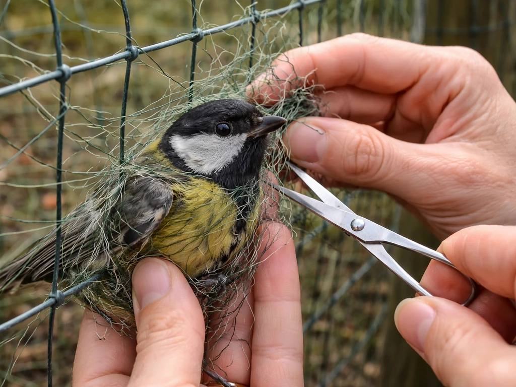 Caregiver’s hands gently lift and cut garden netting entangled around a small bird on a wire fence.