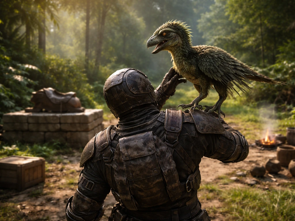 Generic ARK character reaching to remove a perched raptor bird from their shoulder in a jungle clearing.
