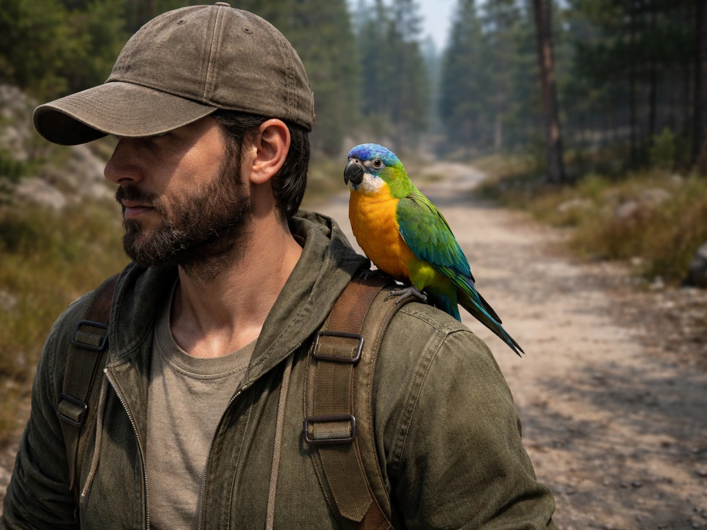 An in-game character in a simple outdoor setting with a colorful shoulder pet bird perched on their shoulder.
