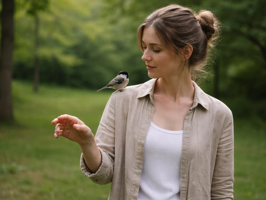 Calm person standing still in a park with a small wild bird perched on their shoulder