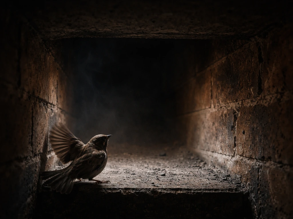 A chimney firebox with a bird perched near the flue opening, suggesting a careful rescue from danger.