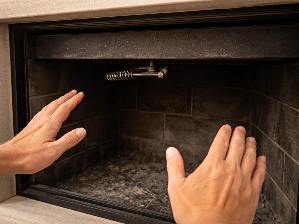 Hands inspecting a closed fireplace damper, firebox clearly inactive and cool, no embers or flames.