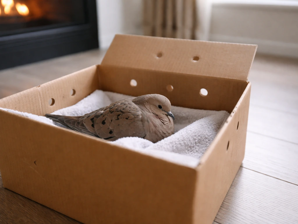 A small ventilated cardboard box on the floor with a bird resting calmly inside after being retrieved.