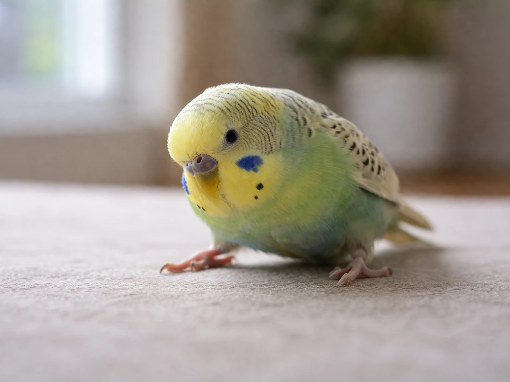 Small bird perched indoors with unsteady balance, showing impaired coordination from ataxia.