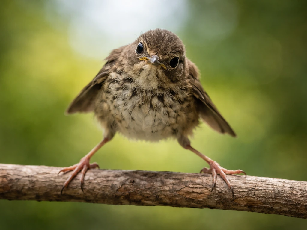 Close-up of a small bird standing unsteadily with legs spread, showing wobbling coordination