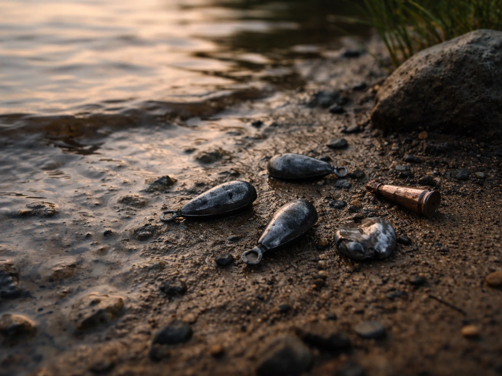 Close-up shoreline scene with muddy contaminated water and embedded lead fishing weights and fragments