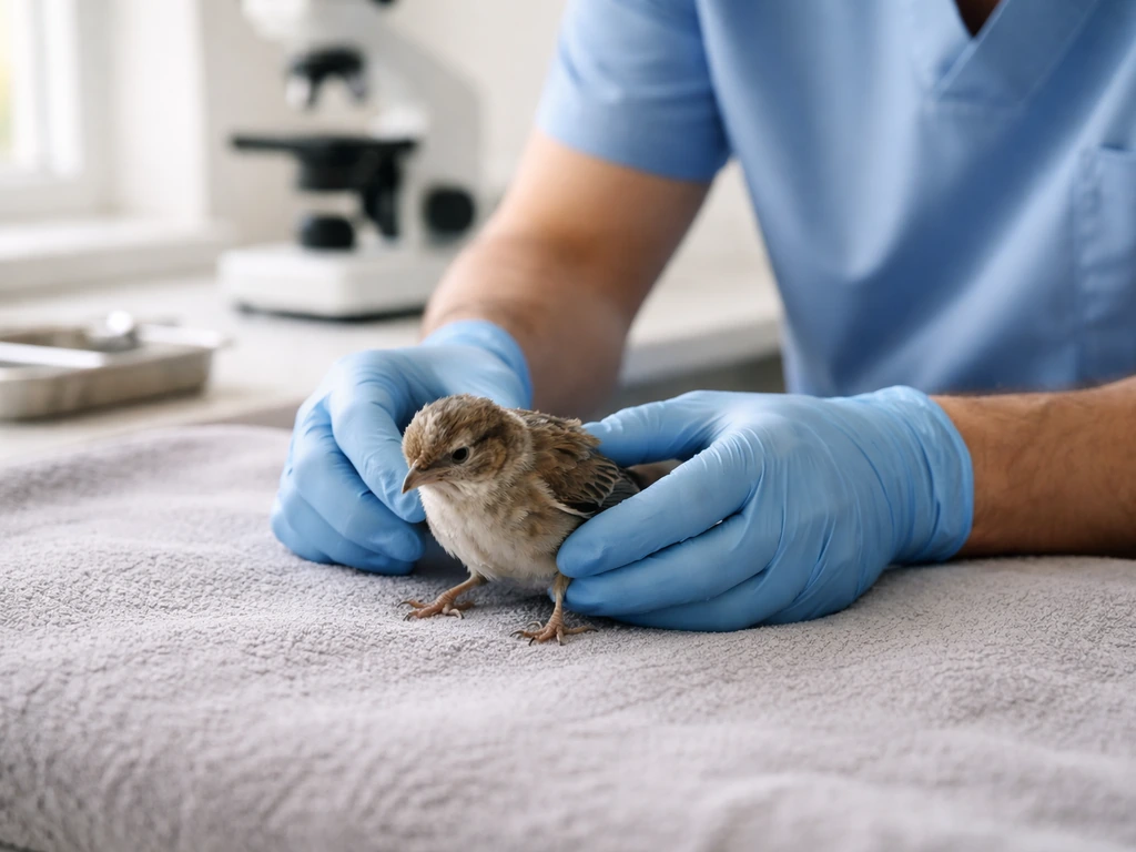 Veterinarian gently handling an ataxic bird for an exam in a quiet veterinary clinic