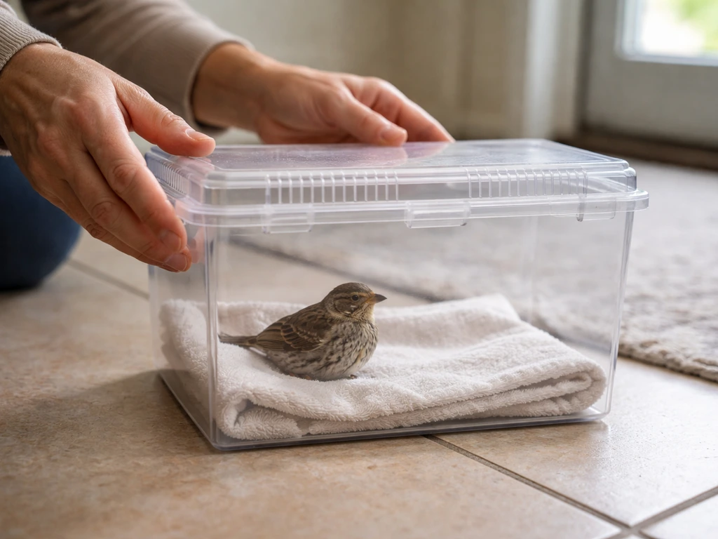 Gently preparing a small ventilated container to transport a calm injured wild bird to a vet.