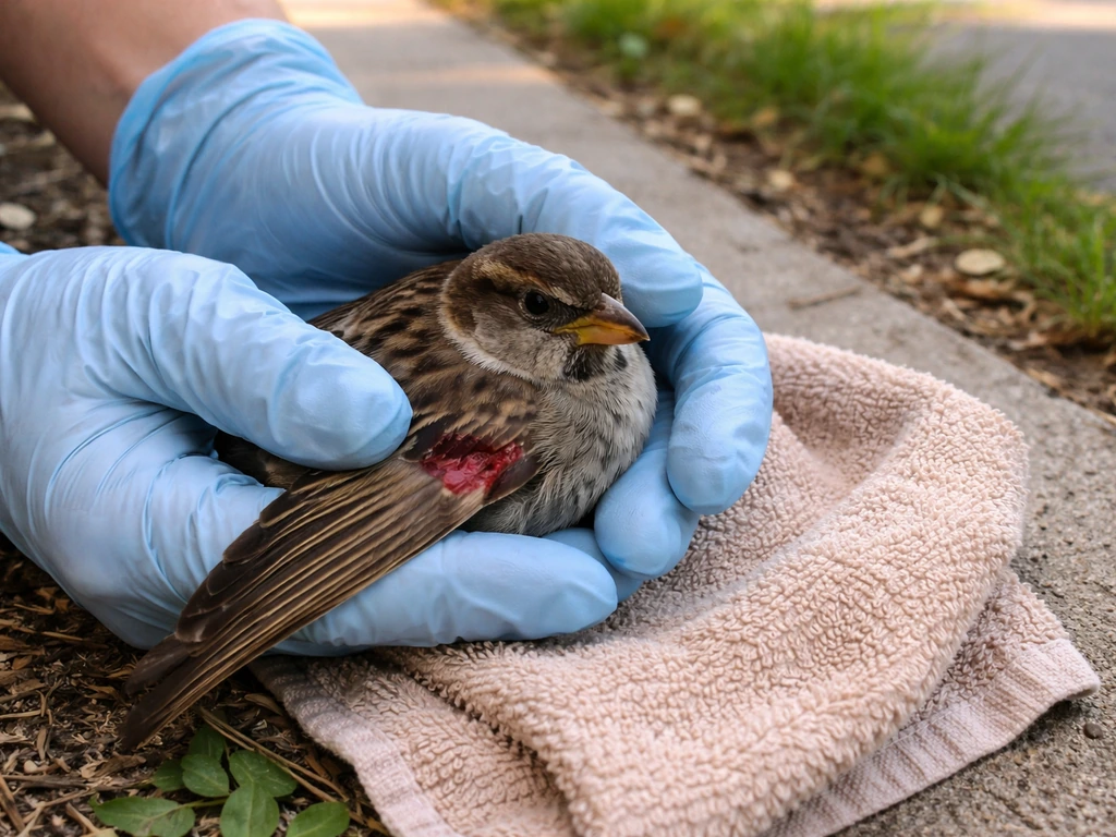 Gloved hands gently supporting a small bird with a drooping wing and slight blood on feathers.