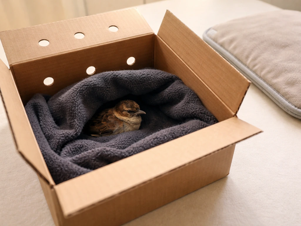 Close-up of a lined ventilated box with a calmly contained small bird and a warm heat source nearby.