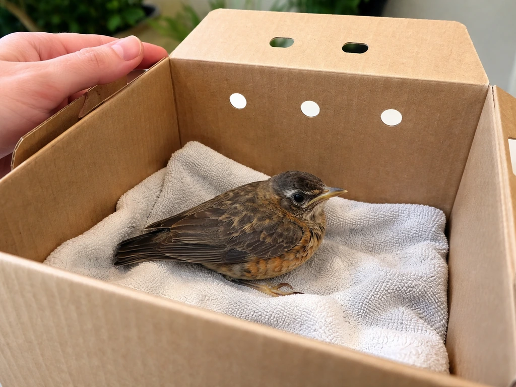 Small injured bird gently contained in a lined carrier on a table, no splinting or wrapping visible.