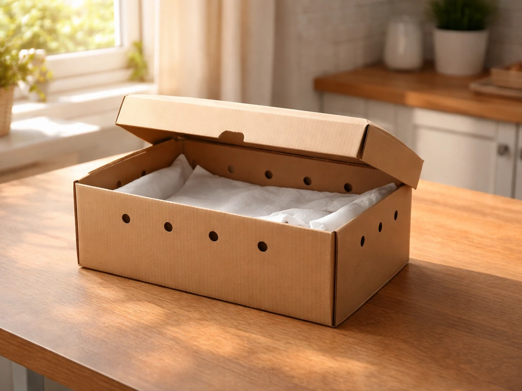 A secure cardboard bird transport box with ventilation holes lined with soft cloth on a table near a window.