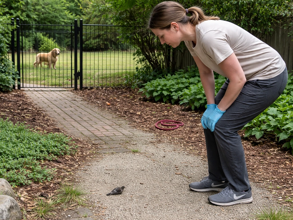 Caregiver standing back and scanning the ground near an injured bird, with a pet gate/leash visible.