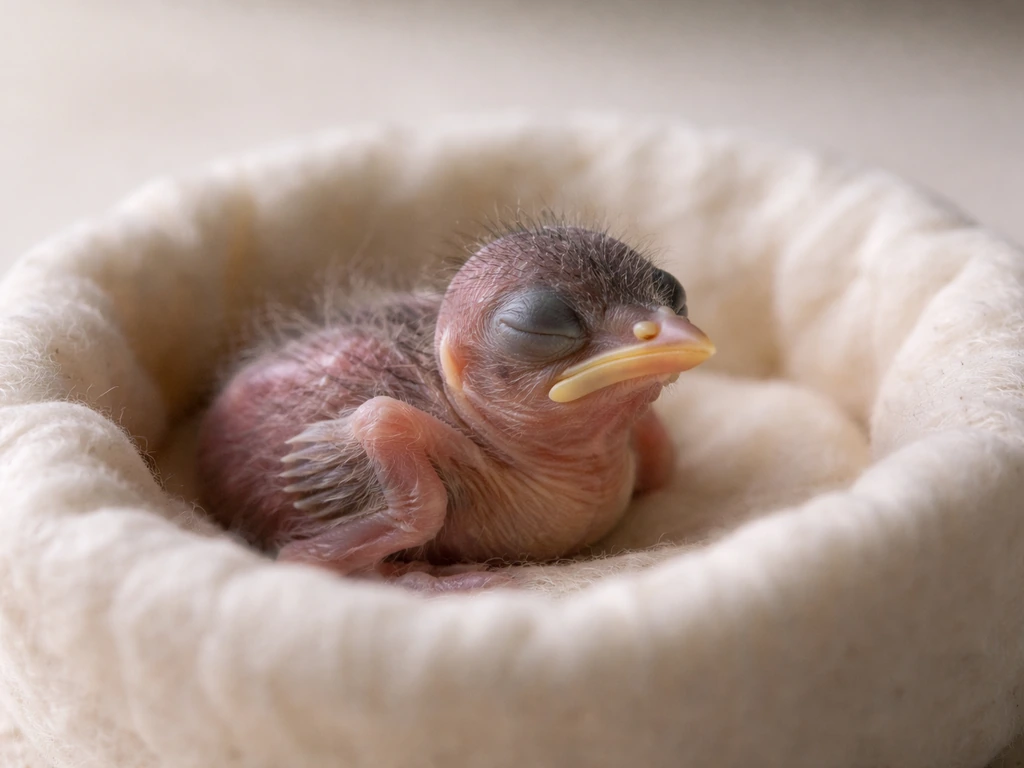 Barely feathered baby bird nestling with eyes closed resting in a soft-lined container.