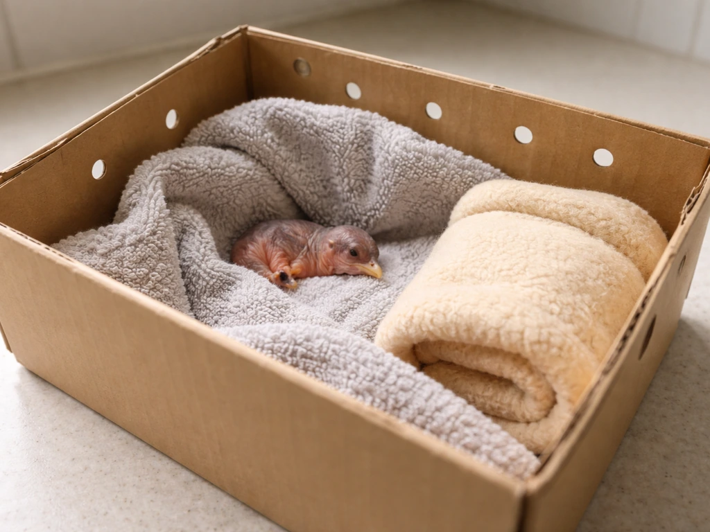 Small shoebox lined with soft cloth and air holes, with a warm heating pad nearby for a baby bird.