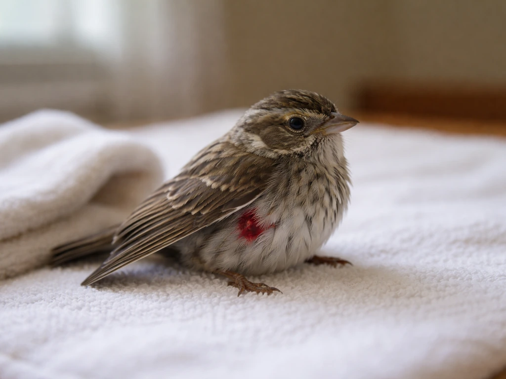 Injured small wild bird on a white towel with a visible open wound and a drooping wing.