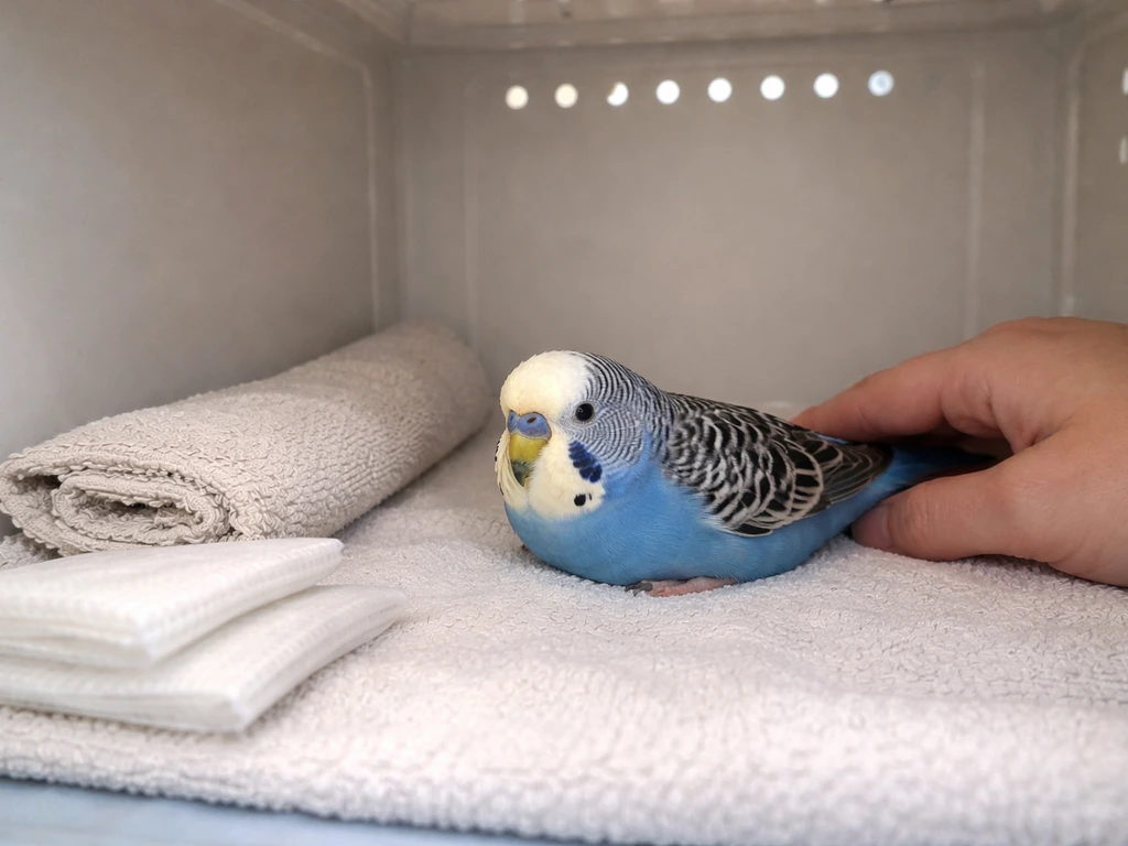 Vet-like scene of a small pet bird resting calmly on a towel in a ventilated recovery setup
