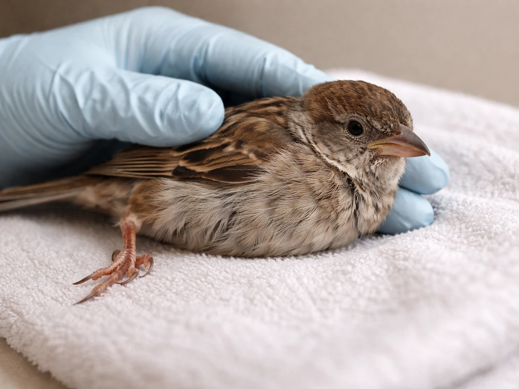 Gloved hands gently support an injured bird during triage, examining for bleeding and shock signs.