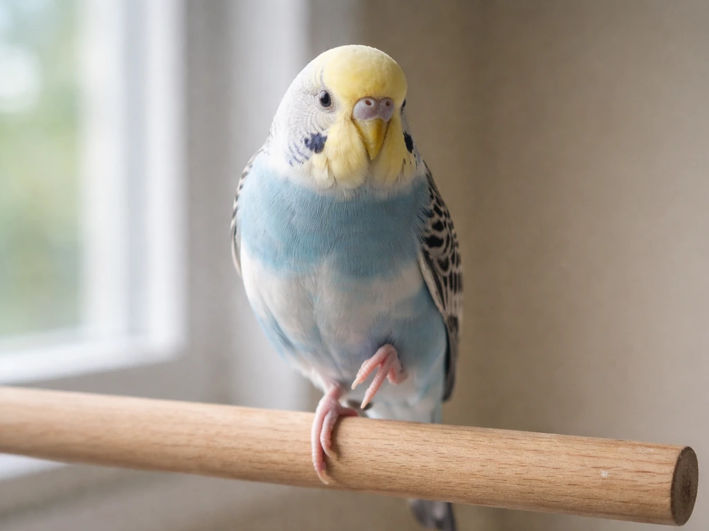 Close-up of a small pet bird perched, holding one leg off-weight in a wrong-angle posture.