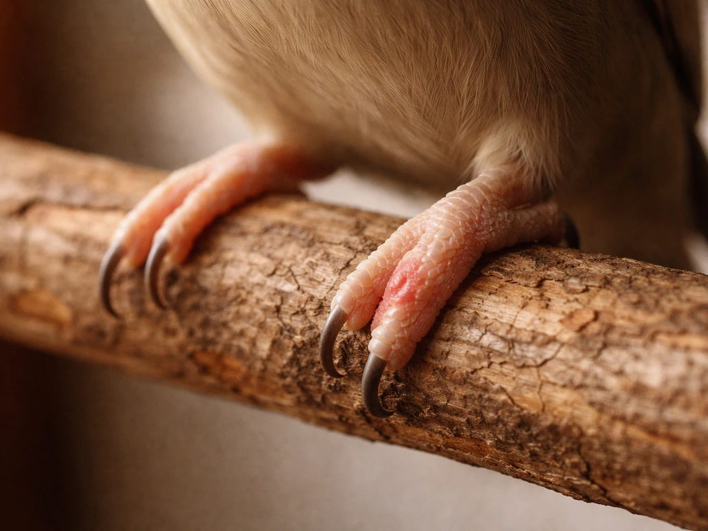 Close-up of an unbruised bird foot pad showing mild irritation on a natural wooden perch