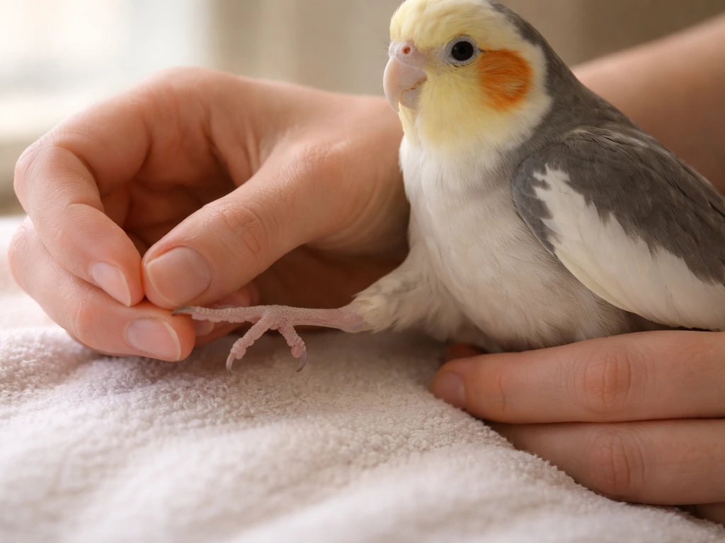 Caregiver gently checking a small bird’s leg alignment and toes in soft natural light