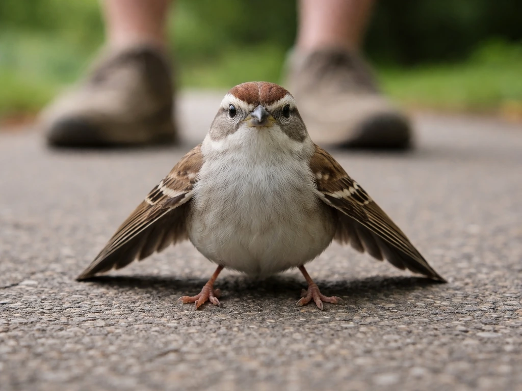 Close-up of a grounded bird standing with wings symmetrical, observed from a safe distance.