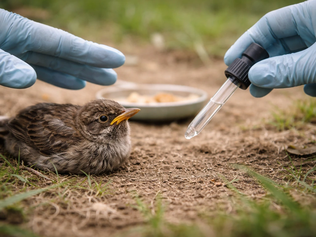 Rescuer’s hands refusing a dropper near an injured bird on the ground