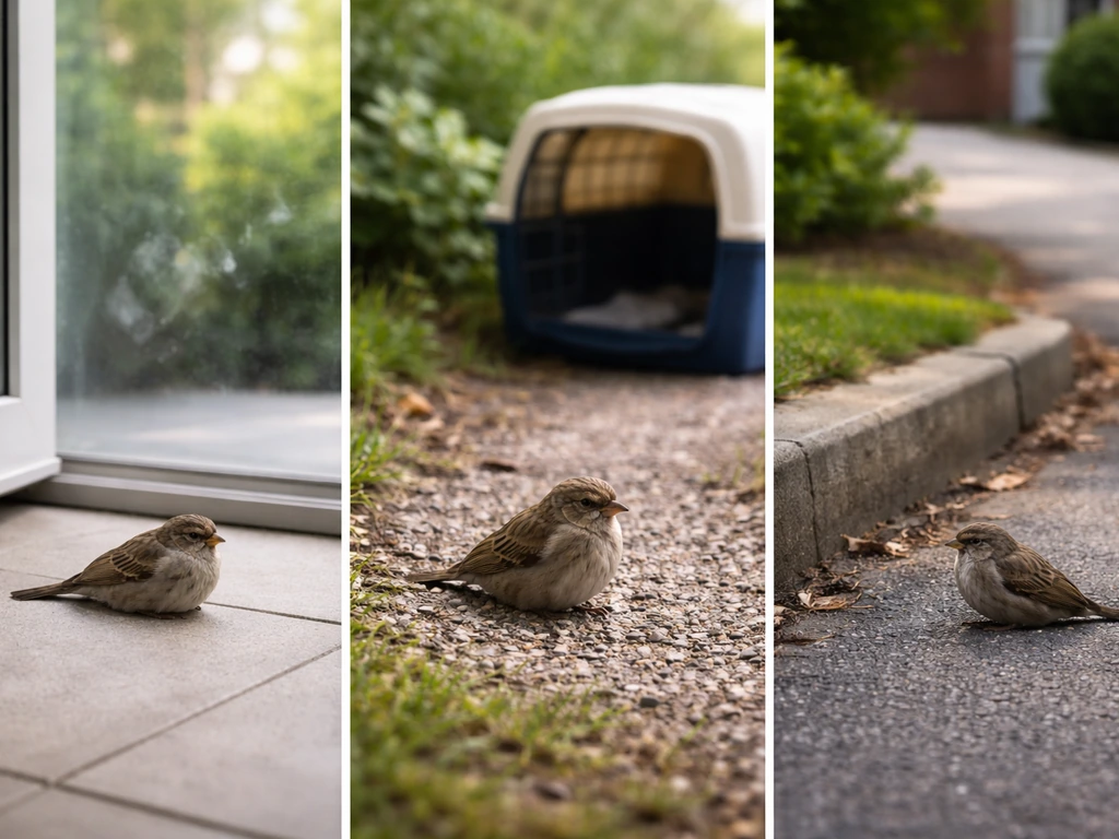 Three safe panels showing a dazed bird near a window, after a cat-attack scenario, and by a road edge.