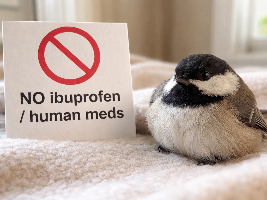 Small bird resting on a blanket beside a clear “NO ibuprofen / human meds” warning sign.
