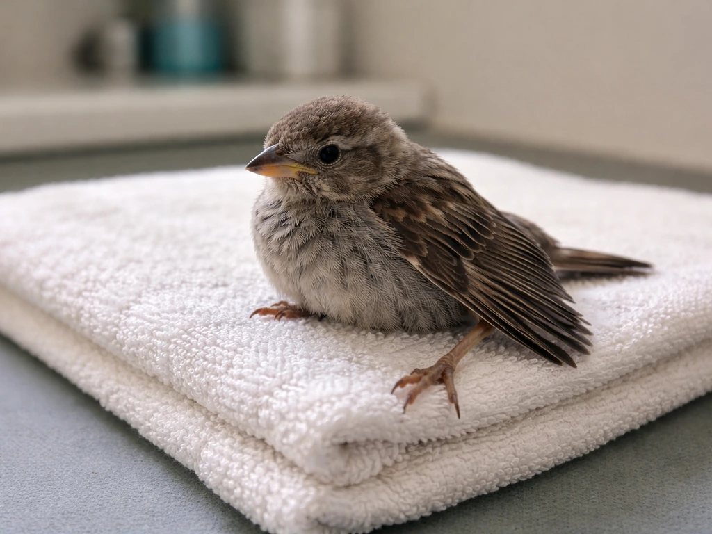 Small injured bird on a towel, with a drooping wing and a leg held at a wrong angle.