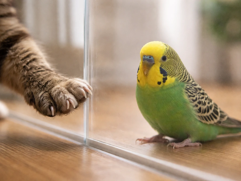 Close-up of a small bird behind a safe barrier as a cat and paw approach, suggesting a bite risk.
