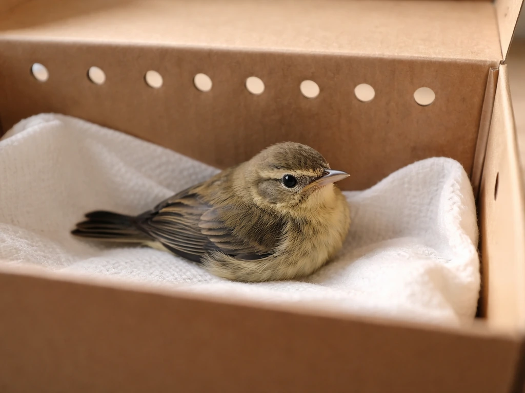 Injured bird gently contained in a small ventilated cardboard box lined with soft paper for stabilization.