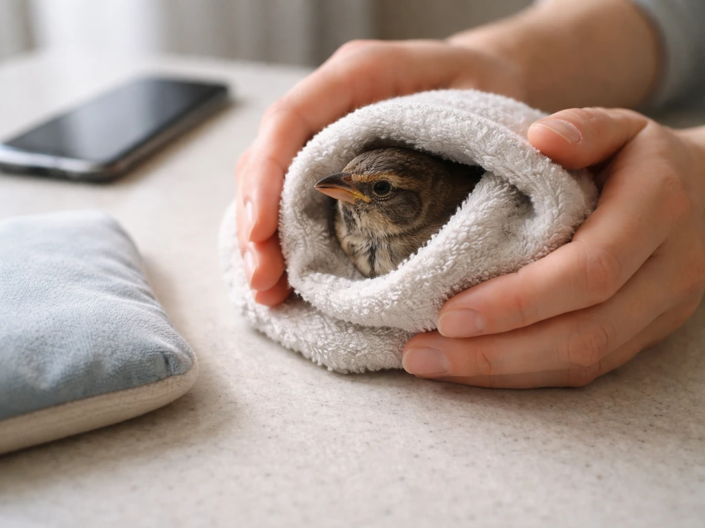 Hands gently shelter an injured bird in a towel beside a warm compress and a phone for a vet call.