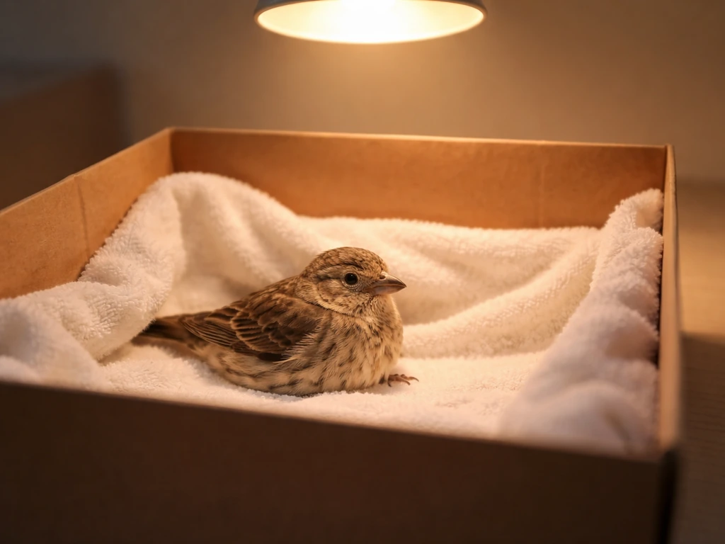 Injured wild bird resting in a lined recovery shoebox under warm light, needing monitoring