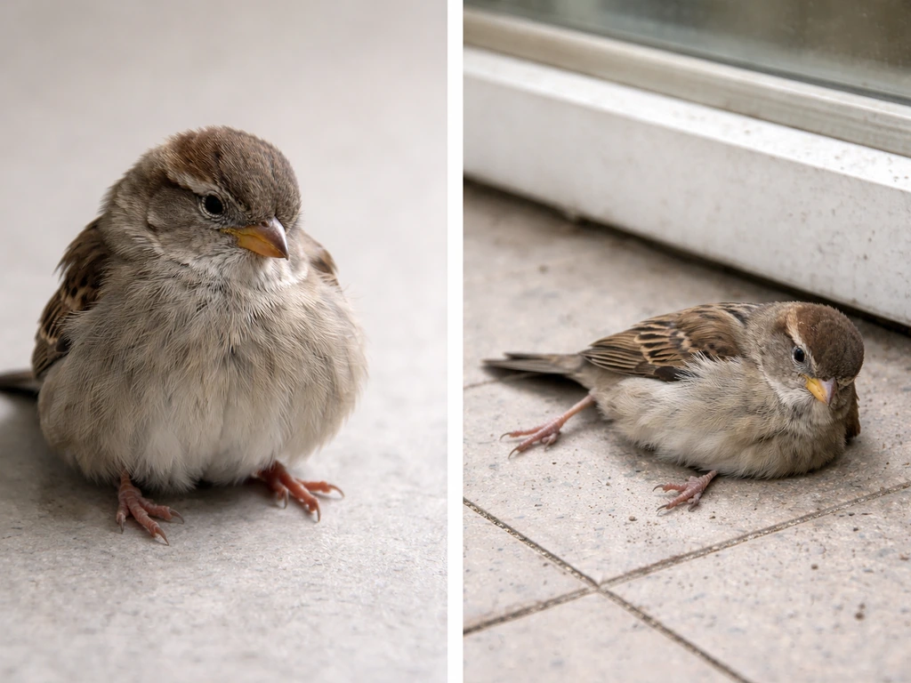 Minimal split-screen style photo showing a bird in distress beside a warning-like impact aftermath scene