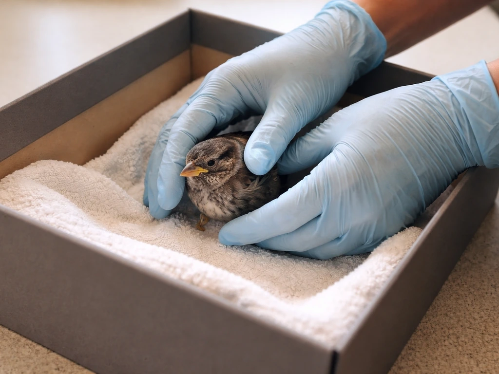 Gloved hands gently placing a small injured bird into a lined shoebox for safe containment.