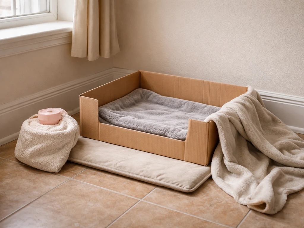 Recovery box lined with cloth on a covered heating pad with a towel-wrapped warm water bottle beside it.