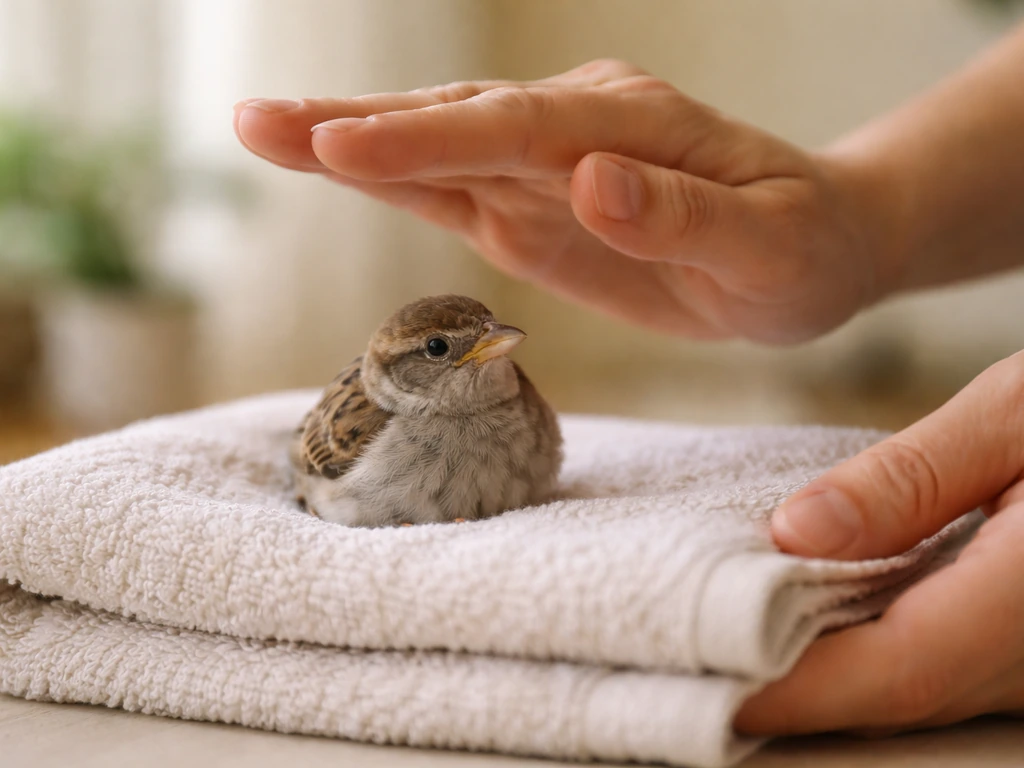 Caregiver’s hands gently stop a feeding attempt as a small disoriented bird is left calm on a towel