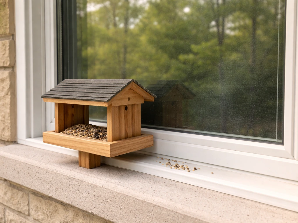 Bird feeder placed close to a window with a clear view of the glass and surrounding sill