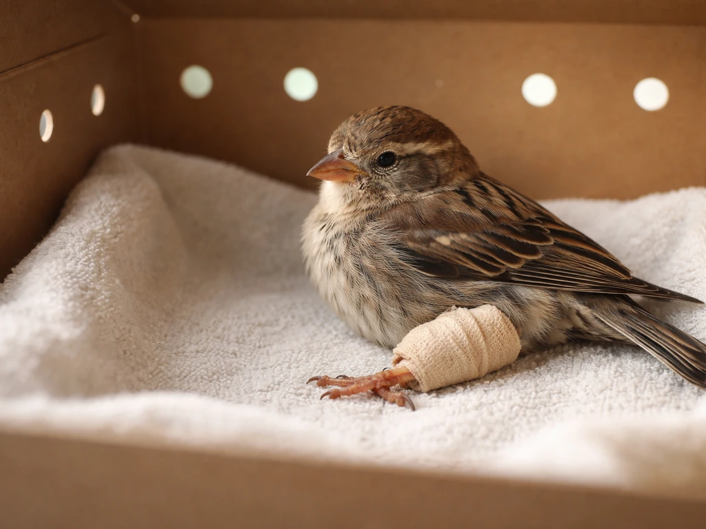 Injured wild bird with one leg supported in a small ventilated recovery box under soft natural light