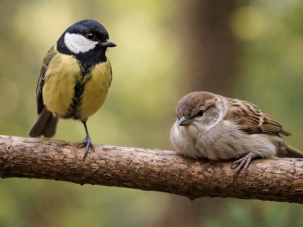 Two small birds on a branch: one grips with a single leg, the other has severely compromised leg function.