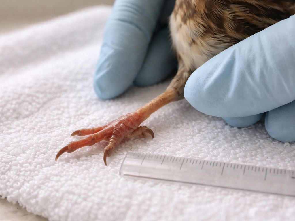 Close-up of a bird’s foot and rescuer’s hand assessing swelling and angle with a small reference ruler nearby.