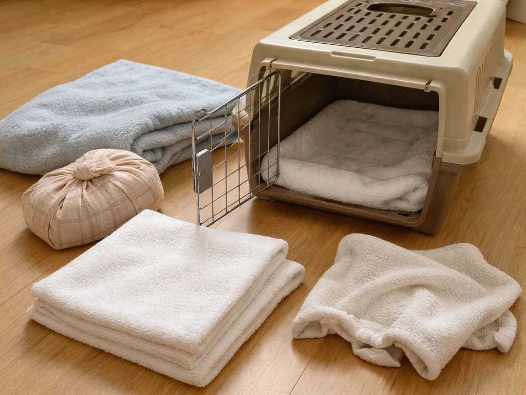 Cardboard carrier lined with towel holding a warm heat pack nearby for bird first aid