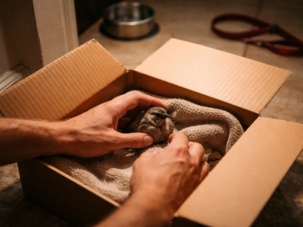 Rescuer gently contains an injured bird in a dark warm cardboard box on the ground, pets kept away.