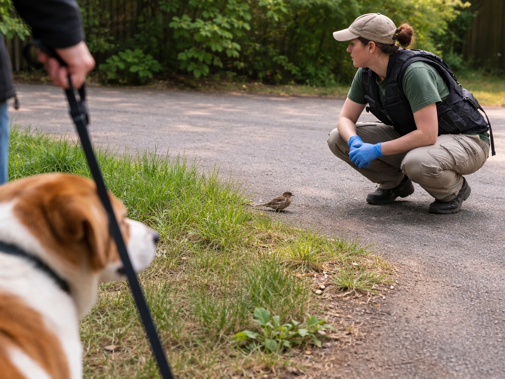 Volunteer observes an injured bird a few feet away while holding a leashed dog back out of the area.