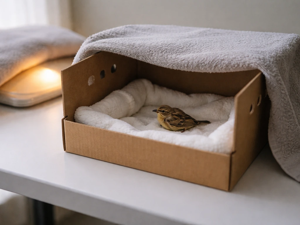 A small bird rests in a soft-lined ventilated cardboard box, partially covered for darkness with gentle warmth nearby.
